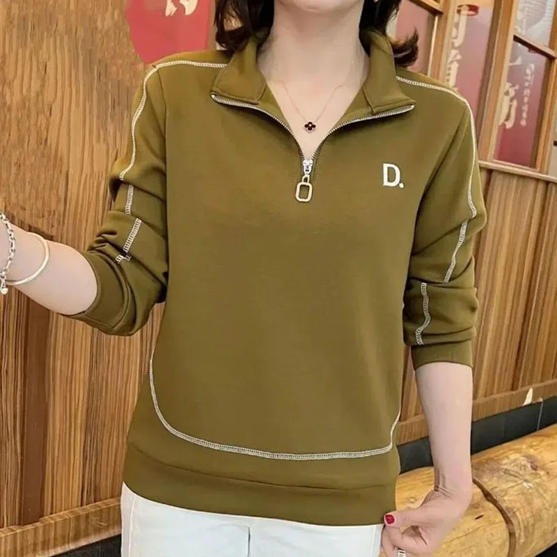 Fashion Zipper Turn-down Collar Pullovers Female Tops Autumn Winter Women\'s Clothing Casual Bright Line Decoration Loose T-shirt