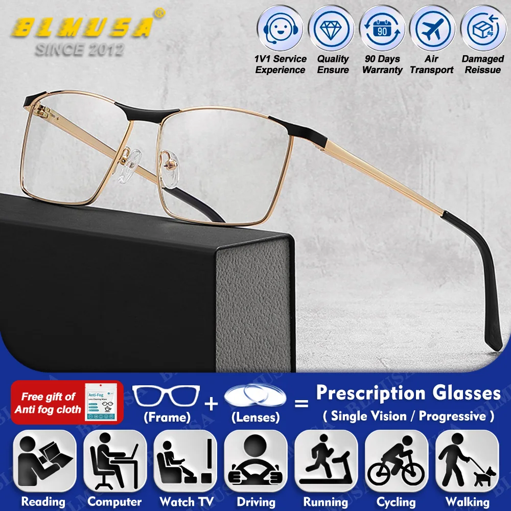 

BLMUSA (L) Vintage Rectangle Men Myopia Computer Glasses High Quality Anti Blue Ray Photochromic Multifocal Prescription Eyeware