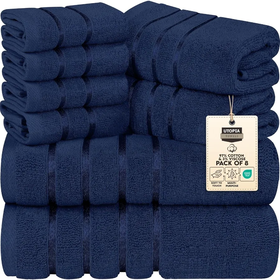 

8 Piece Luxury Towel Set for Bathroom: 2 Bath Towels 2 Hand Towels 4 Wash Cloths 600 GSM Ring Spun Cotton with Viscose Stripe D