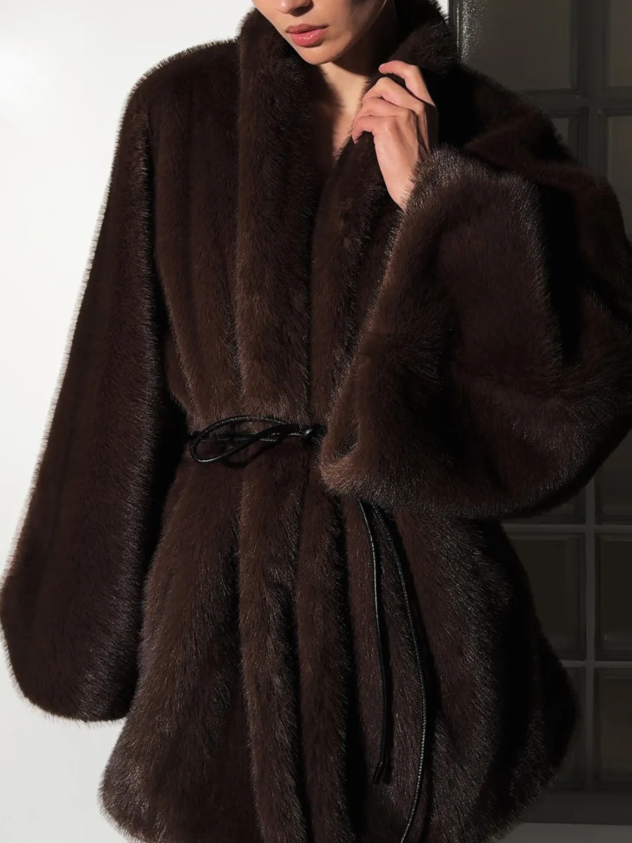Winter Luxury Solid Lace Up Faux Fur Coat Women Long Sleeve Pockets Loose Thick Coat Woman High Quality Soft Fur Jacket Outwears