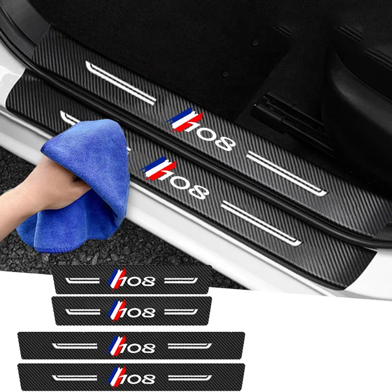 for Peugeot 108 Logo Car Door Sill Trim Anti Kick Stickers Pedal Guards Trunk Threshold Protective Decals Strip Tape Decoration