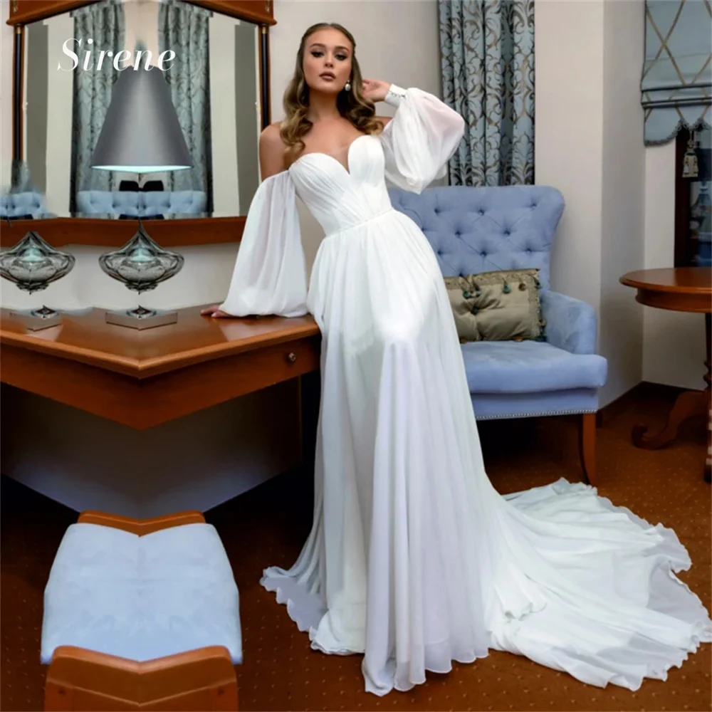 

Customized Off Shoulder Pleated Beach Chiffon Wedding Dress Elegant Long Puffy Sleeves A-Line High Side Slit Bridal Gown 2024