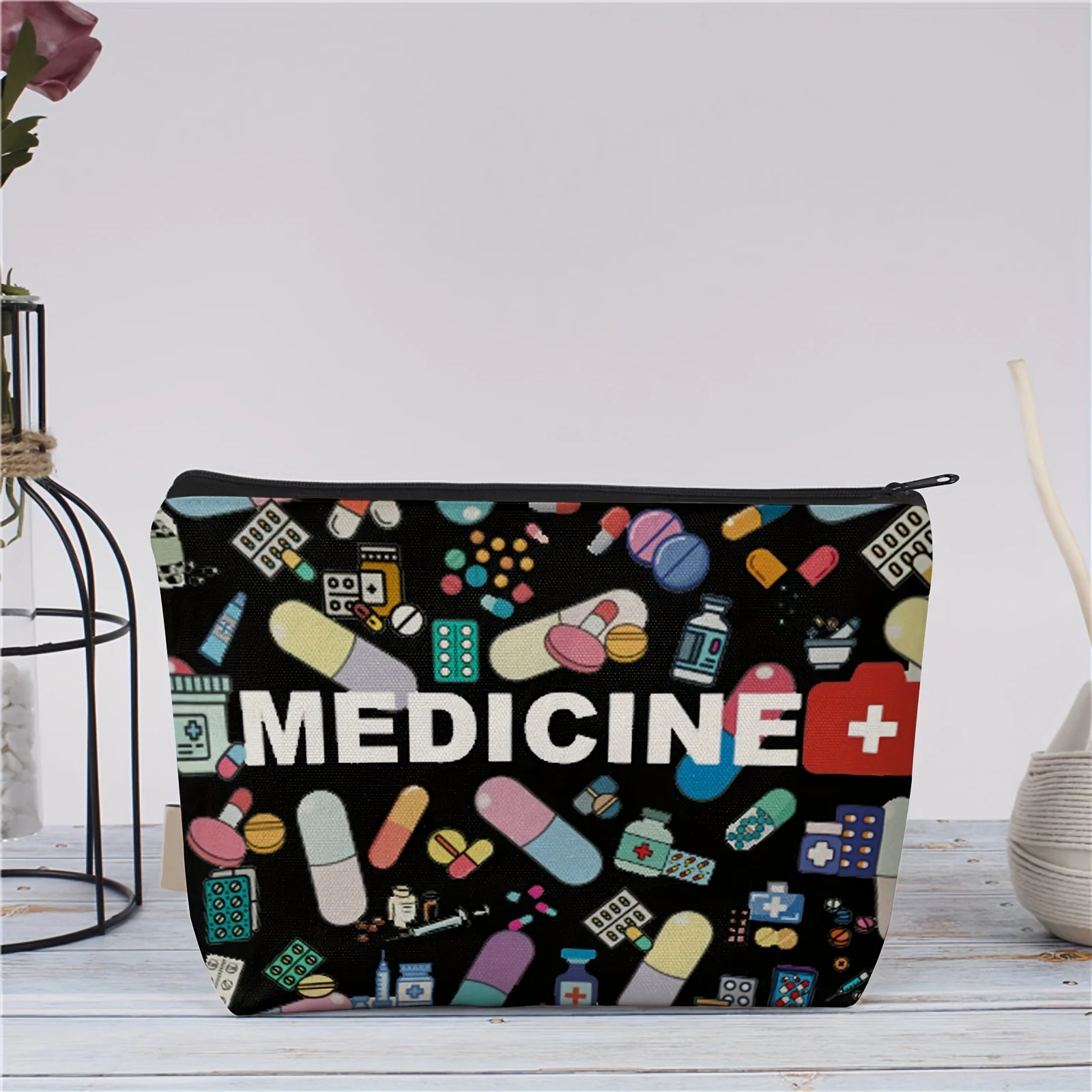Multi-Functional Pill Organizer Bag Travel Zipper Medicine Storage with Allergy & Asthma Essentials Colorful Icons on Black Bag
