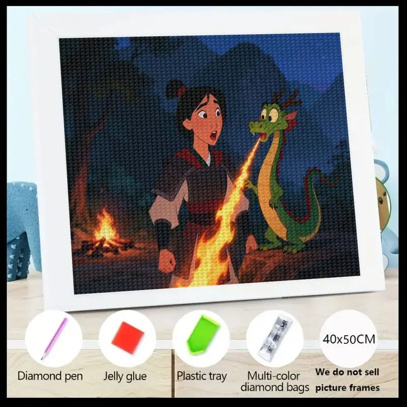 

1PC 5D DIY Diamond Painting Kit, Disney Mulan & Mushu Dragon Breathing Fire Scene, Full Drill Cartoon Character Diamond Art Pain