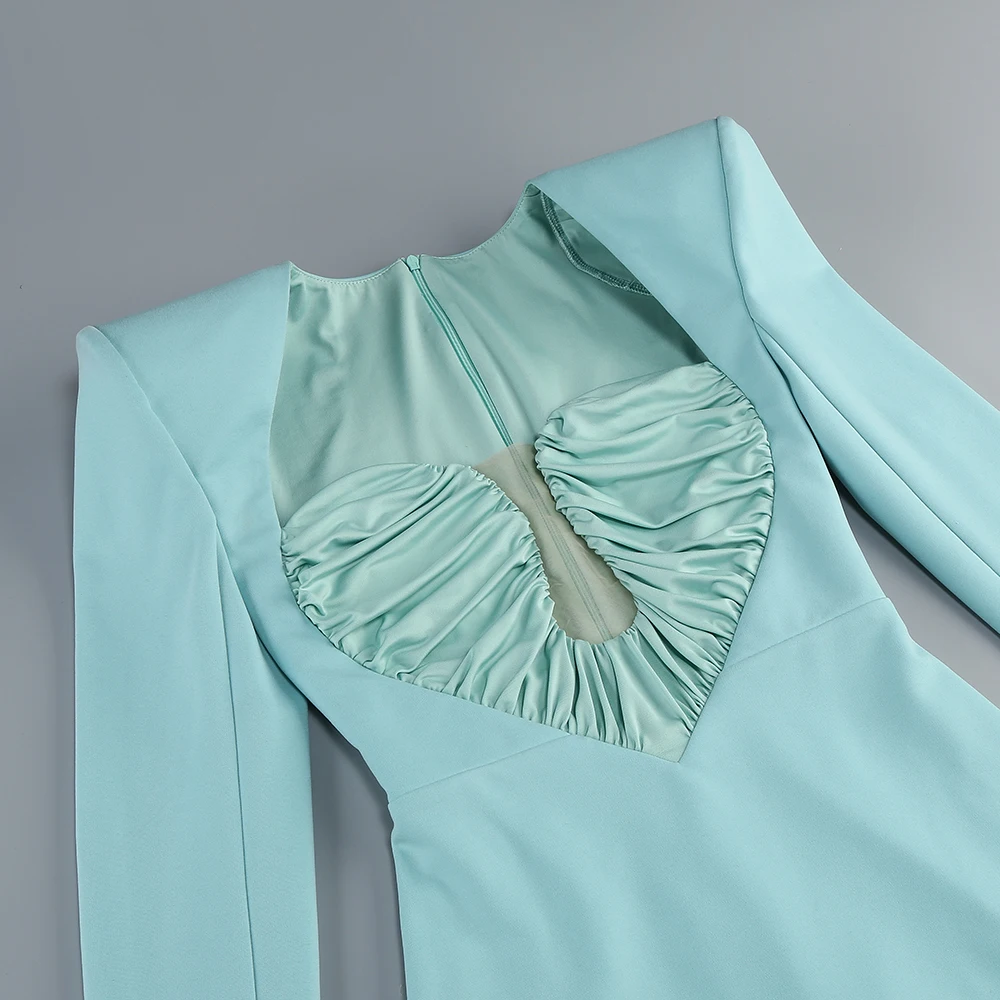 Glamorous Long - Sleeve Black Aquamarine Cutout Evening Gown Square Collar Folds Design Formal Dinners Long Dress
