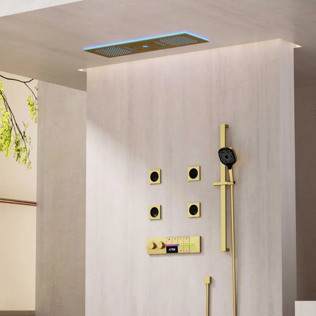 LED intelligent constant temperature digital display brushed gold concealed shower embedded wall-type mixed shower set,waterfall
