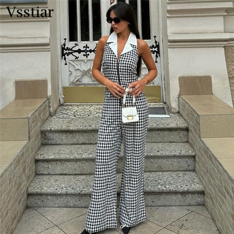 Vsstiar New Fashion Plaid Women Jumpsuits Sexy Sleeveless Backless Wide Leg Pants Elegant Streetwear Casual Ladies Rompers