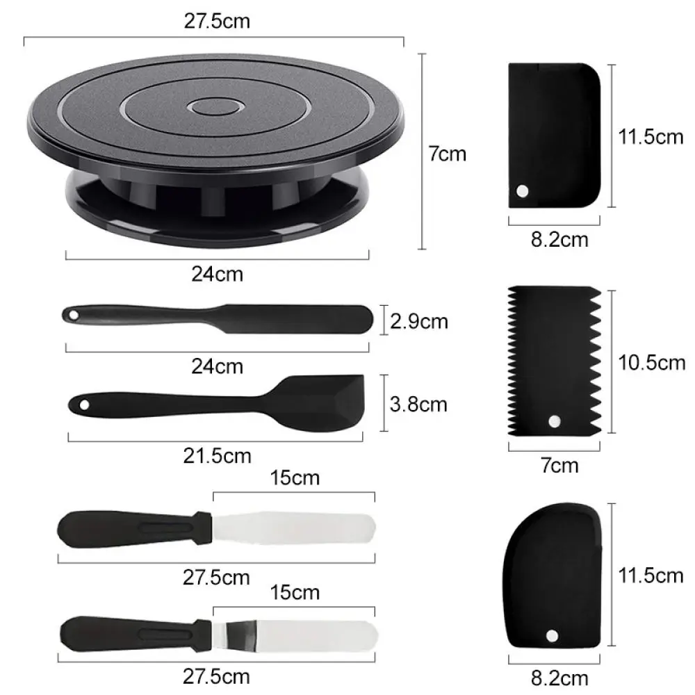 Black Rotating Cake Stand Turntable For Home Baking Pastry Decorating Gadgets Plastic Plate With Spatula Scraper Kit