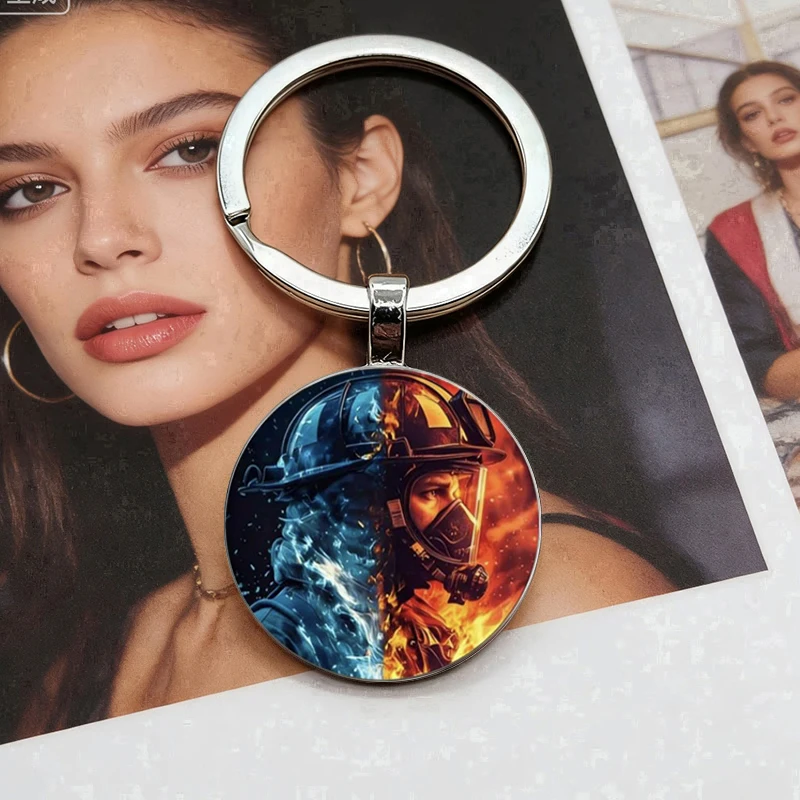 Hot selling firefighter pattern dome glass alloy keychain pendant