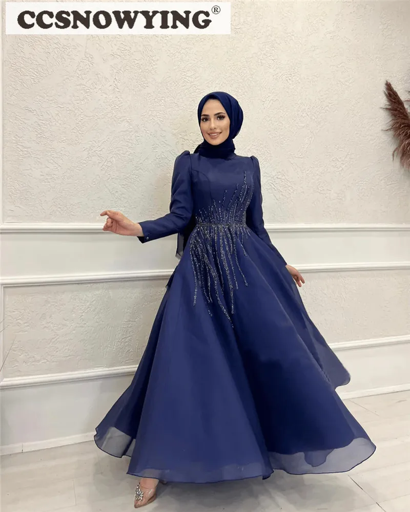 Organza Beaded Muslim Evening Dresses Islamic Long Sleeve A Line Hijab Formal Party Gowns Women Arabic Kaftan Robes De Soirée