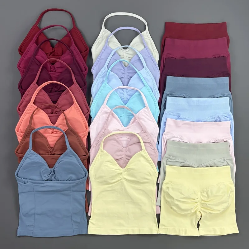 2-teiliges HISTELLO Impact Set für Damen, GYM Longline Strappy Top, nahtloses Yoga-Set, Scrunch Butt Sportshorts, Workout-Fitness-Anzug