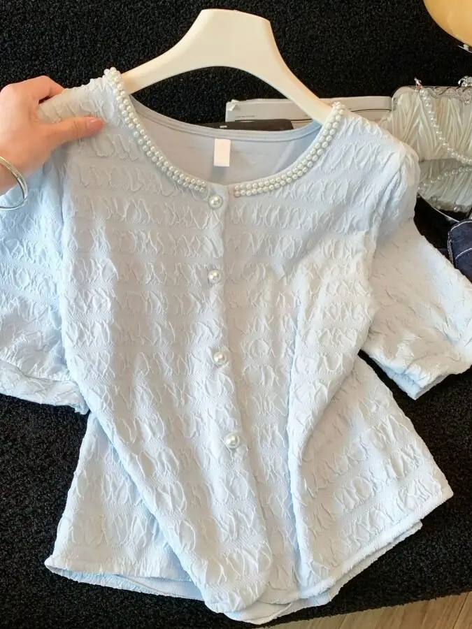 

Slimming round Neck Short Sleeve Shirt Women's Fashionable French Style Beaded Craft Shirt Summer New Arrival Elegant Top