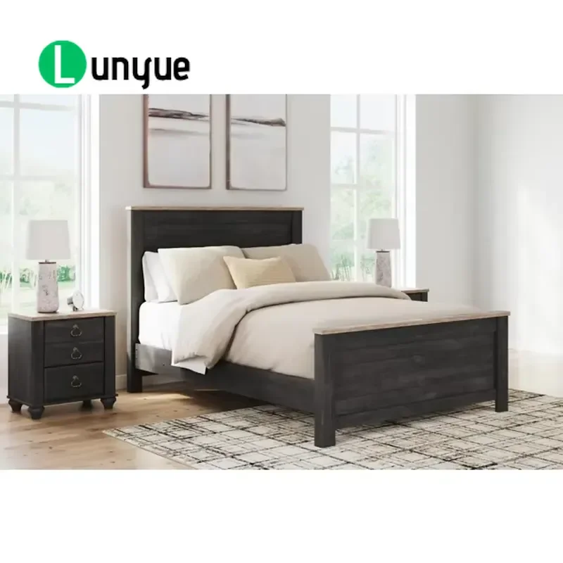 Queen Bed French Farmhouse Rustic Retro Hand Carved Charcoal Oak Veneer Soft Headboard with Lamp Bedroom Furniture