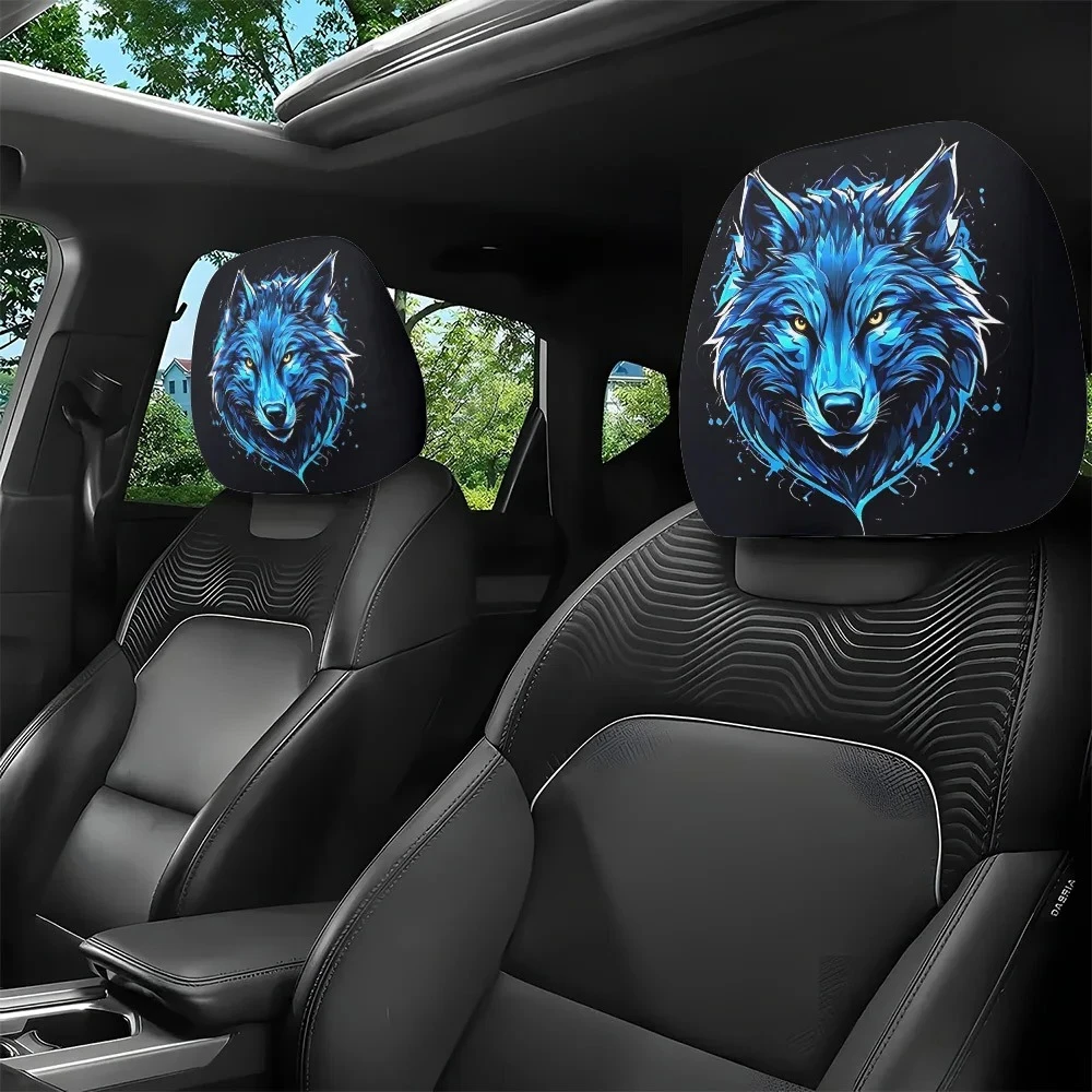 Night Wolf Pattern Breathable Car Headrest Cover 2pcs Perfect Gift for Boyfriend Lover Interior Car Accessory