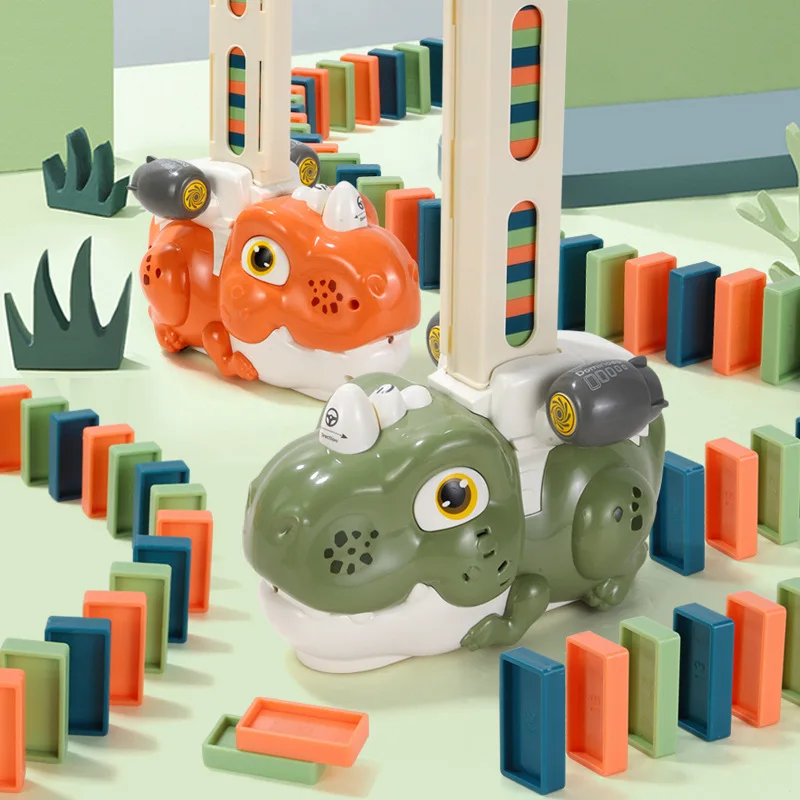 

Domino children's train fun dinosaur shaped fully automatic sound,light,electricity,and floor car colorful Domino set puzzle toy