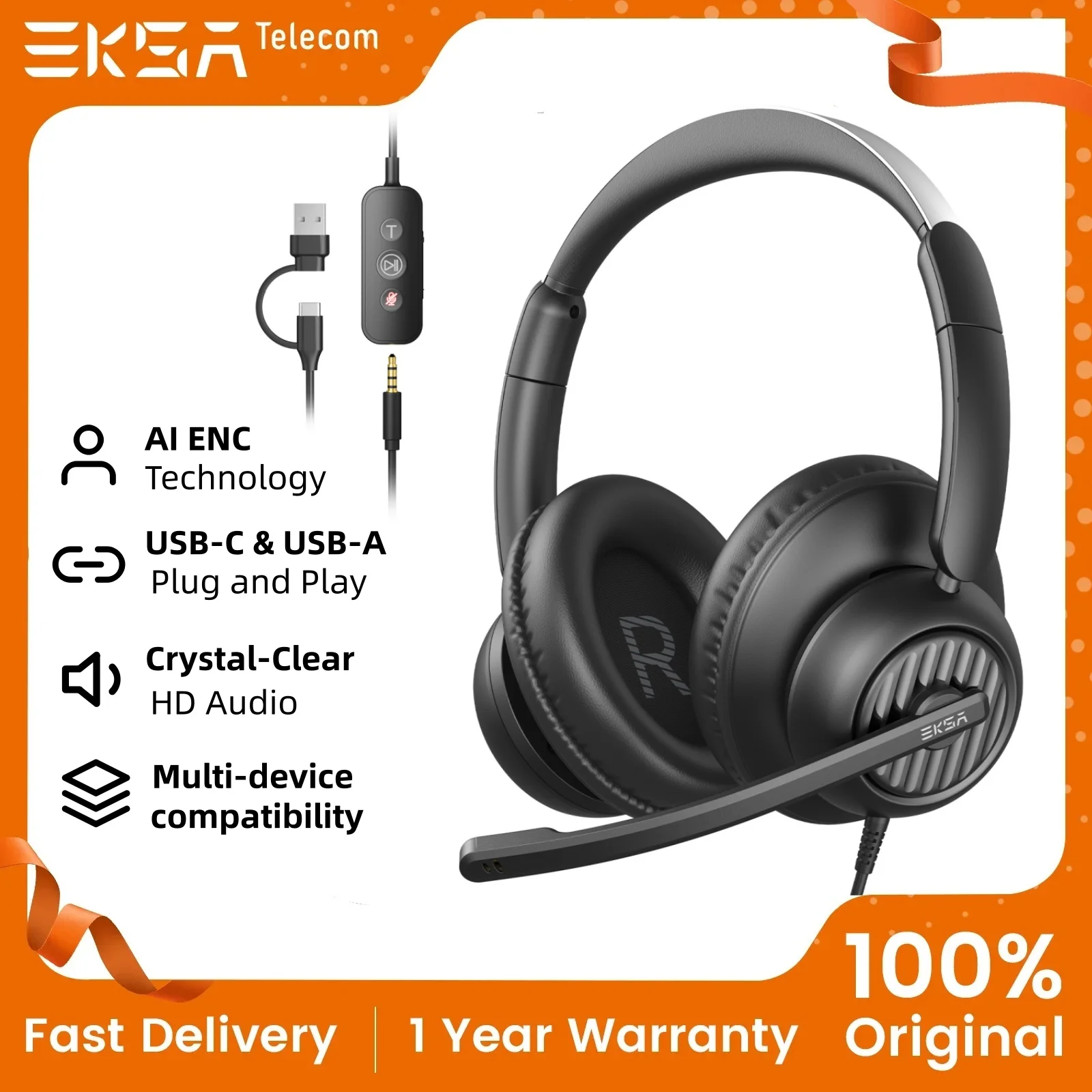 

EKSA H8 Wired Headphone USB-A/USB-C/3.5mm Noise-canceling microphone/ Teams Button/Mute Button Office Headphones