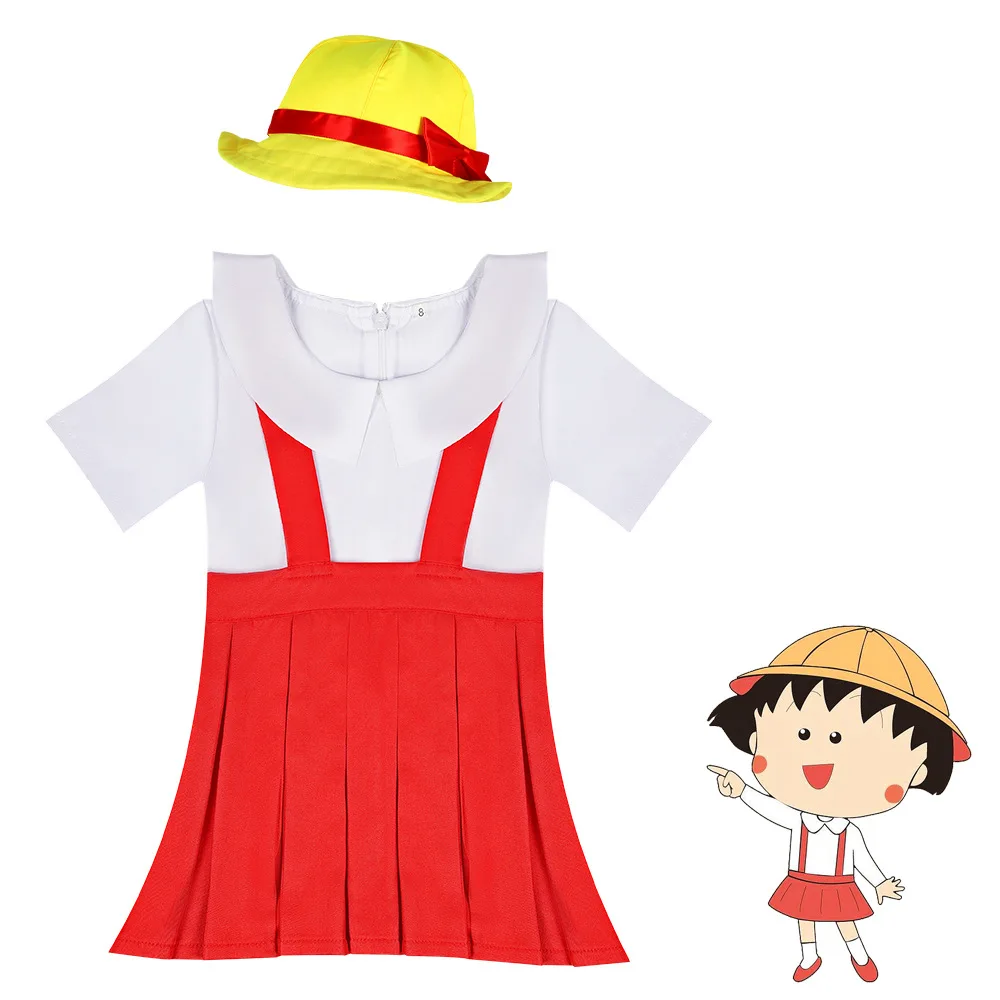 

Anime Cartoon Chibi Maruko-chan Sakura Momoko Cosplay Costume Kids Campus Strap Skirt Children Girl Kawaii Birthday Party Suit