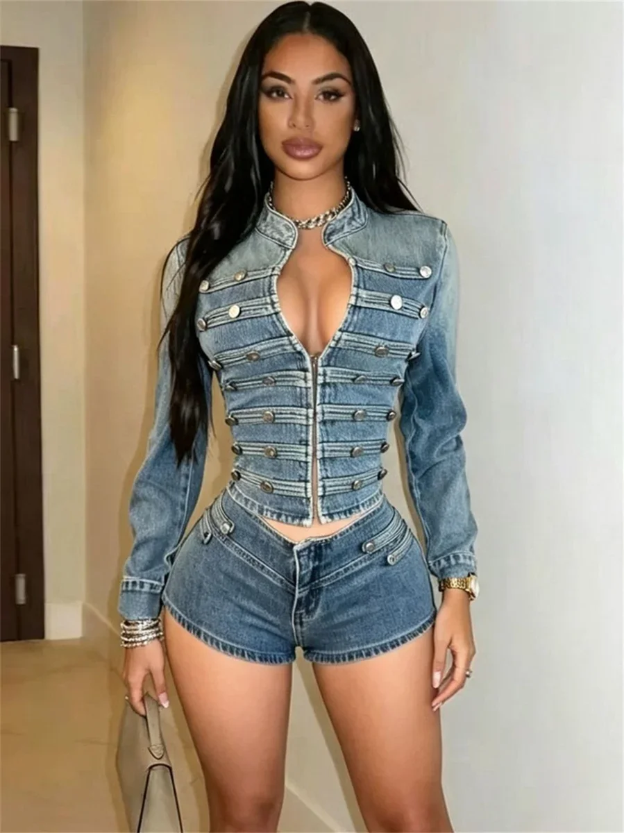 Weird Puss Fashion Denim 2 Piece Set Women Metal Buckle Decoration Gradient Line Patchwork Full Sleeve Jacket+Short Street Suits
