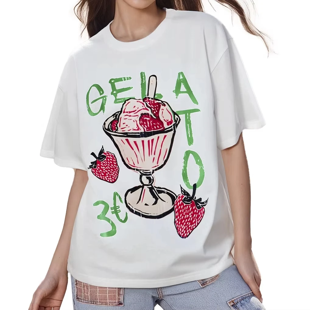 

Классические женские футболки с коротким рукавом с бантом/полуничным/цветочным/рыбным принтом Повседневные рубашки Летние свободные топы с круглым вырезом Уличная одежда