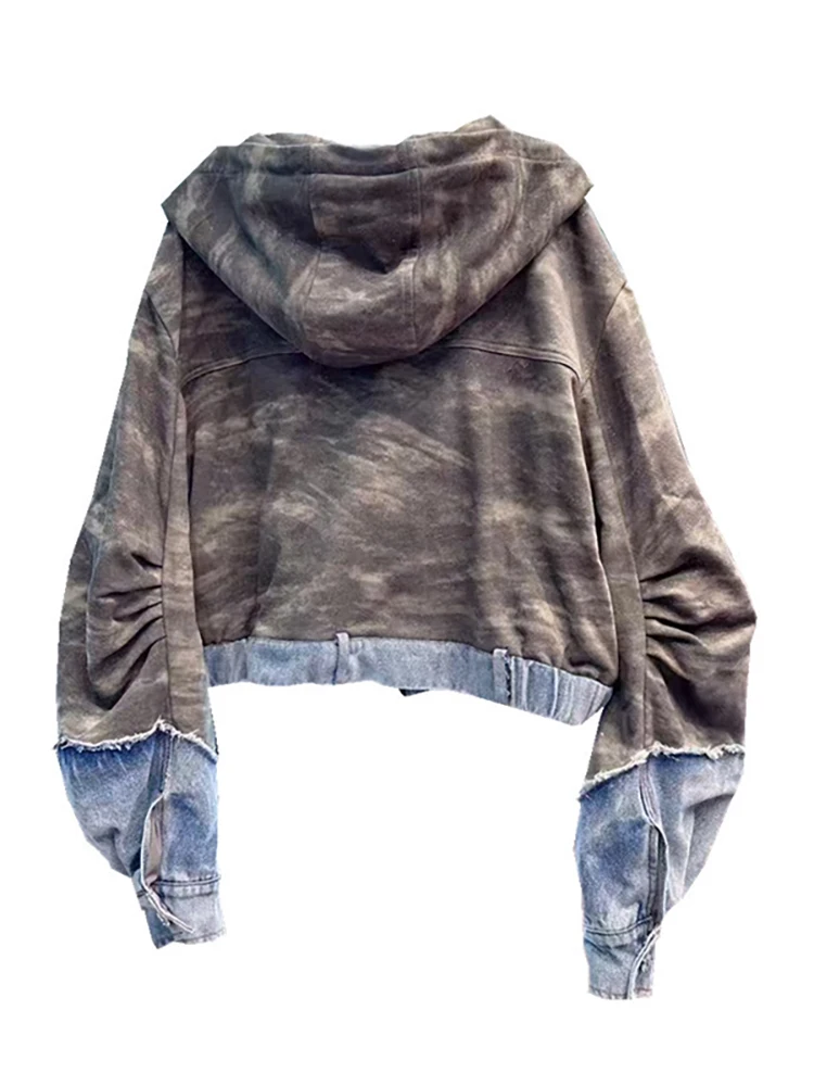 DEAT Women\'s Denim Coat Patchwork Hooded Zipper Long Sleeve Tie-dye Zipper Female Jackets Autumn 2024 New Fashion 29L8407