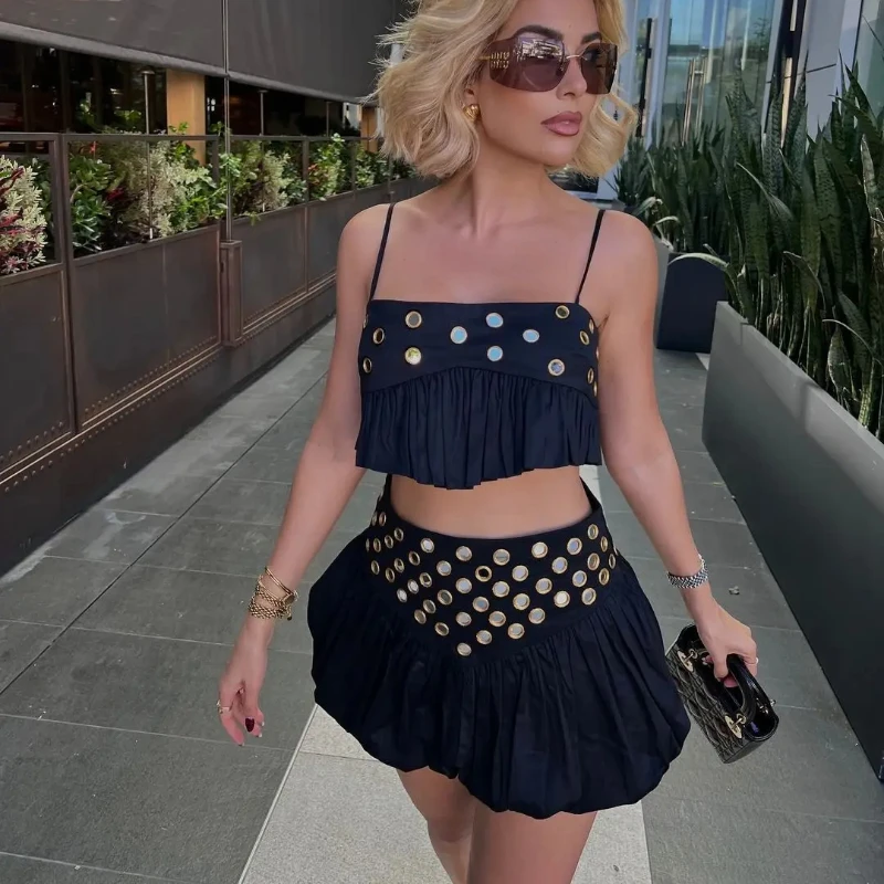 Summer Metal Decoration Pleated Hem Sling Exposed Navel Short Top European American Sexy Short Skirt Two-piece Set Wome Clothing