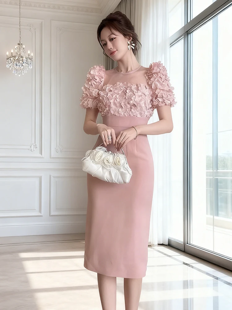 여성 의류 달콤한 핑크 플로럴 섹시 퍼프 소매 슬림 미디 이브닝 드레스 우아한 여성 패션 파티 프롬 드레스 여름