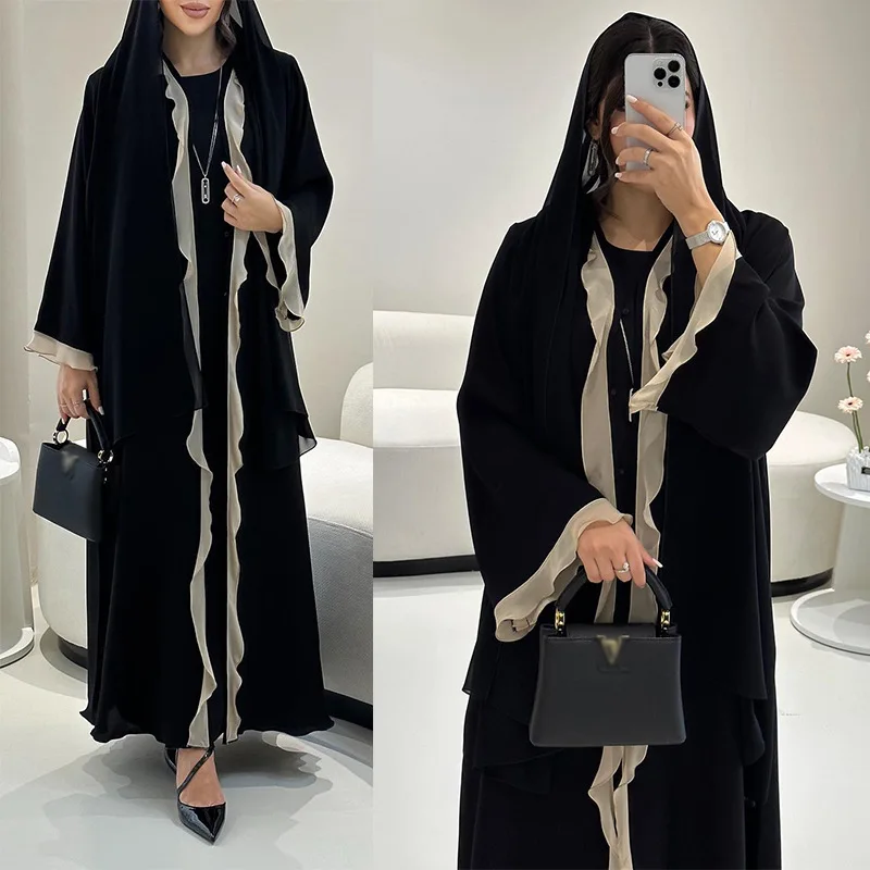 

Women's Ruffled Trim Abaya with Open Front Batwing Sleeves - 100% Polyester Modest Kaftan Dress for Daily & Religious Wear