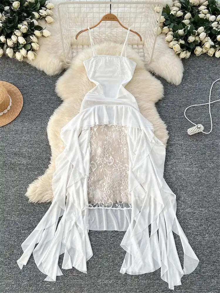 BabYoung ไม่สม่ําเสมอ Ruffles ผู้หญิงแขนกุด Slim SHEER Design ลูกไม้ Splice ฤดูร้อนพื้นฐานเซ็กซี่ Sundress