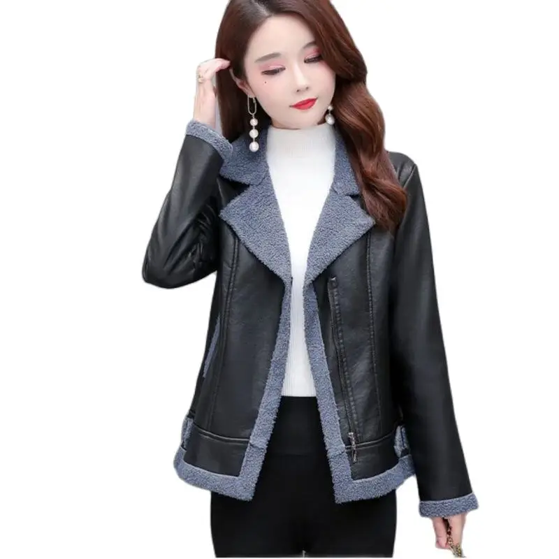 2024 Herbst Winter koreanische Version Frauen Lederjacke hinzufügen feines Haar warme weibliche schlanke kurze Outwear Biker Damen Leder mäntel