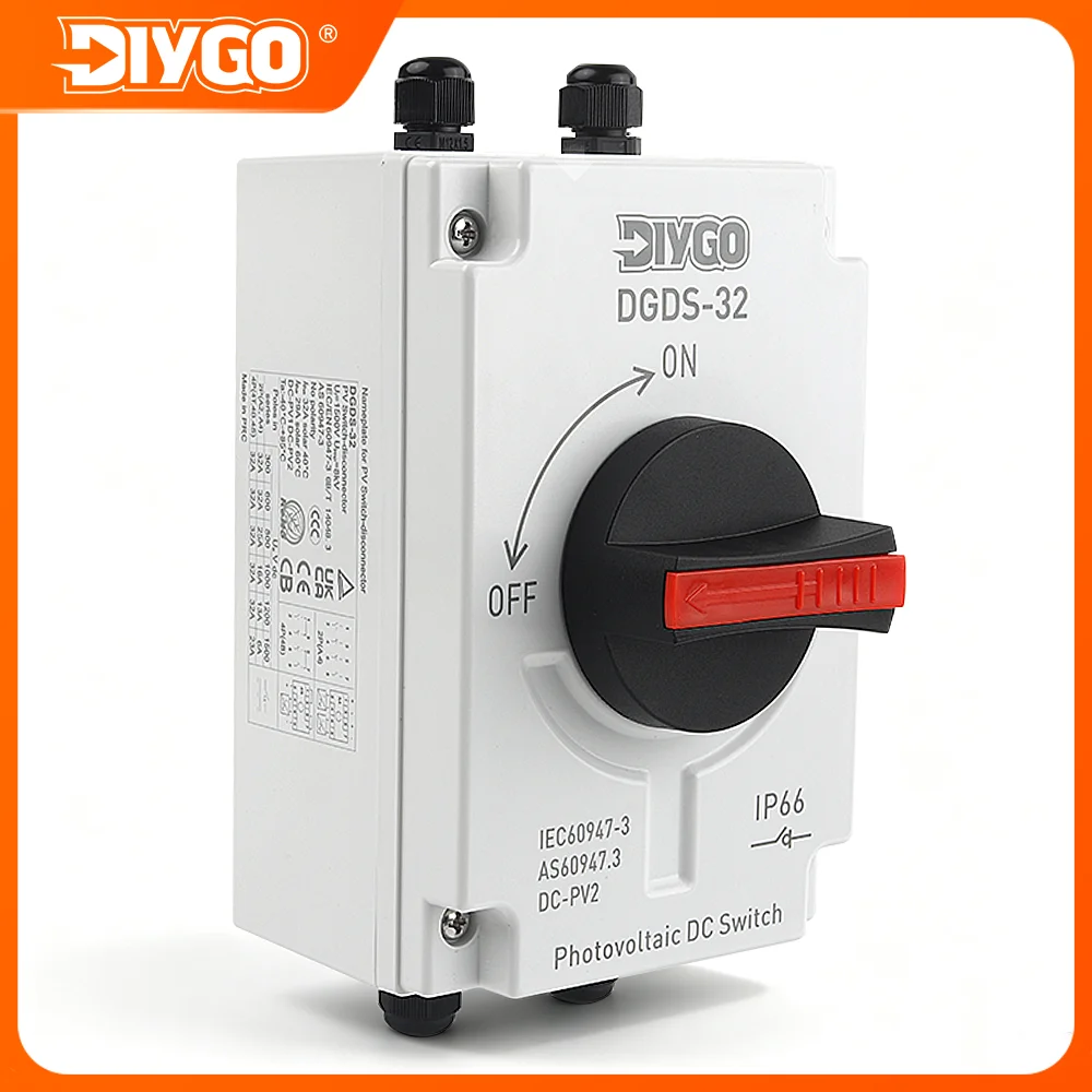 DIY GO 32A 1200VDC Solar Disconnect Switch IP66 Waterproof Outdoor PV DC Isolator Rotary Switch Rotating Handle for Solar System
