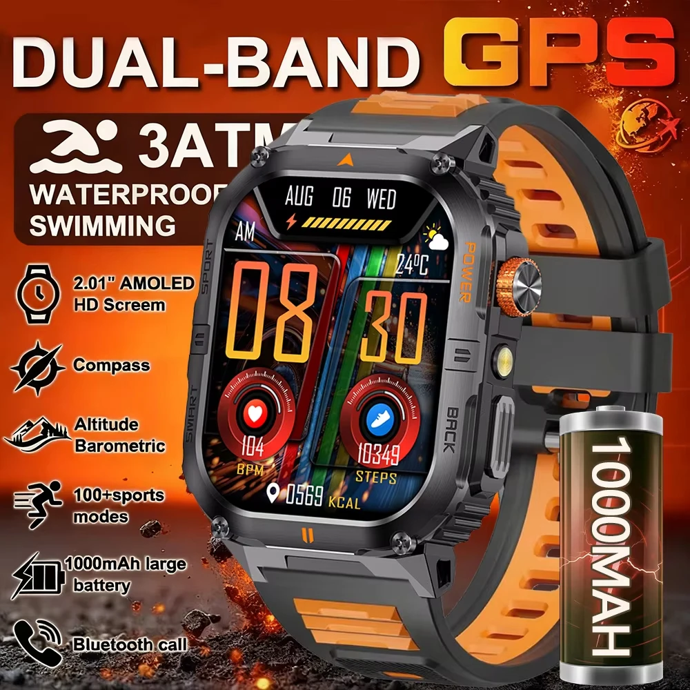 2026 New 1000mAh Military Outdoor Smart Watch Men LED flashlight 3ATM Waterproof GPS Sports 2.01-inch Bluetooth Call Smartwatch