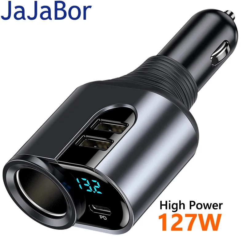 

JaJaBor Power Adapter Car Cigarette Lighter Splitter 127W High Power Charger Type C PD 30W Dual Usb Fast Charging Car Charger