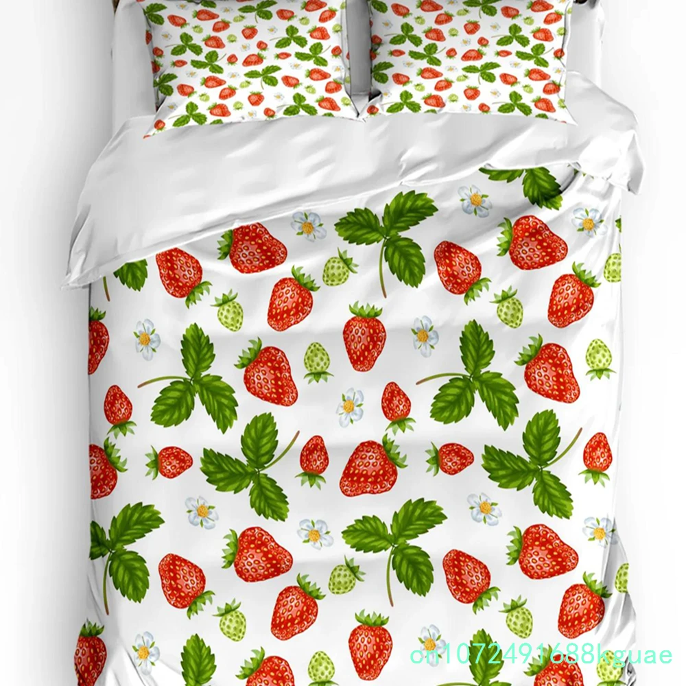 Summer Fruit Strawberry Leaf Repeat 3pcs Bedding Set For Bedroom Double Bed Home Textile Duvet Cover Quilt Cover Pillowcase