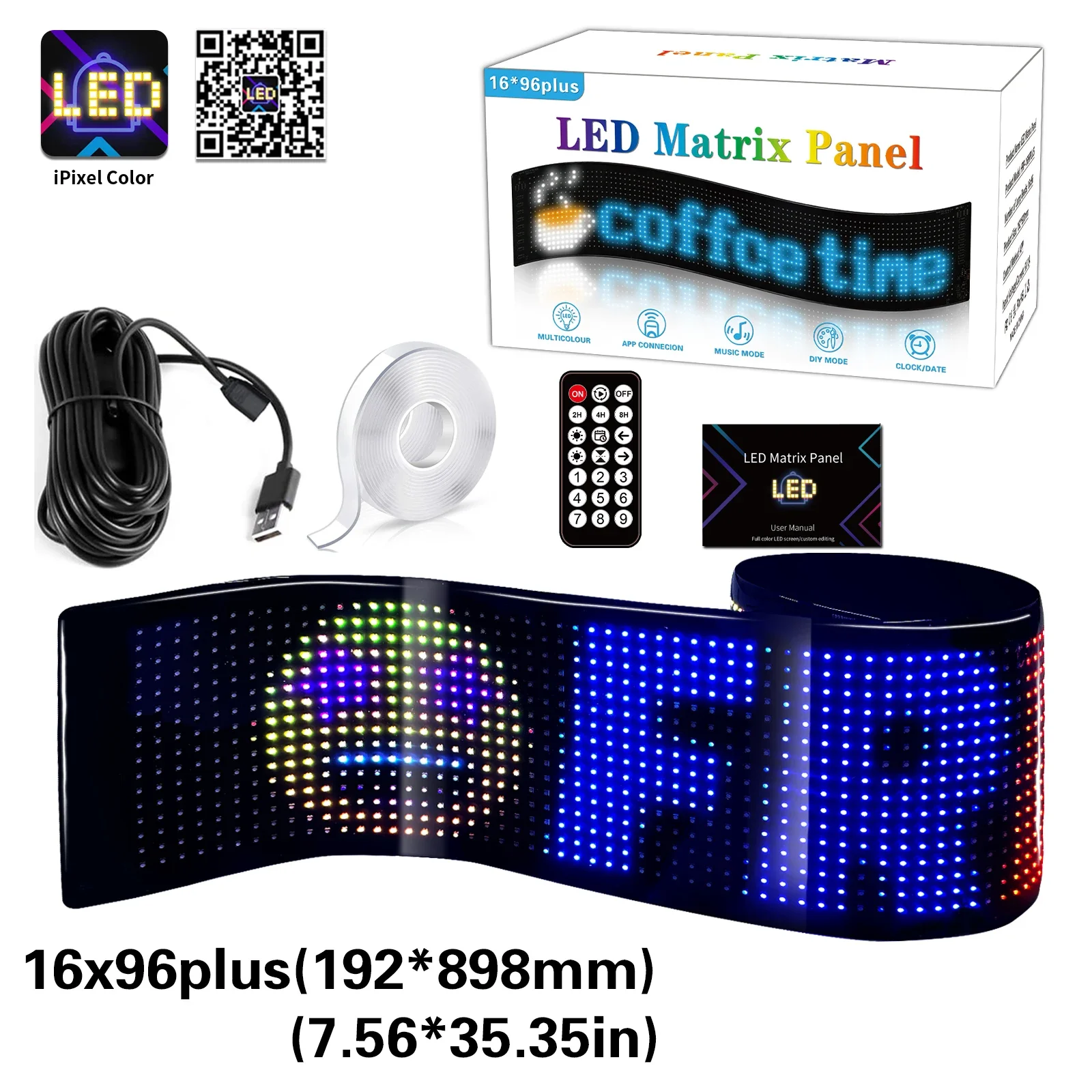 New 16*96PLUS 5V USB RGB LED Matrix Car Sign Programmable Pattern Animation Text DIY Scrolling Panel Remote Control Advertising