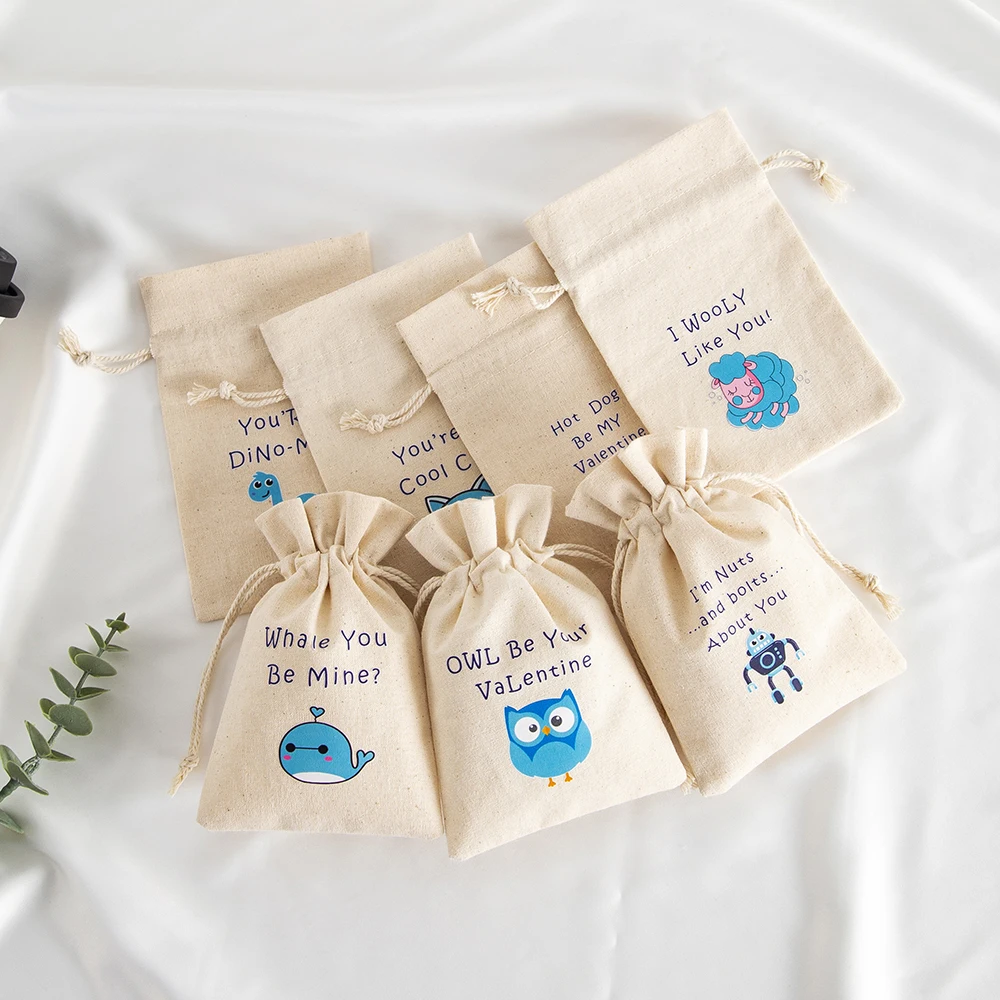 5Pcs Jewelry Drawstring Canvas Bag Muslin Cotton Treat Pouch Candy Gift Linen Pockets for Kids Boy Party Favors Valentine‘ s Day