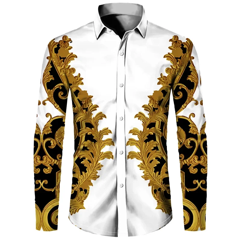 New 2024 Luxury Golden Flower Chain 3D Print Men Long Sleeve Shirt Casual Mens Designer Clothing Streetwear Lapel Button Shirts