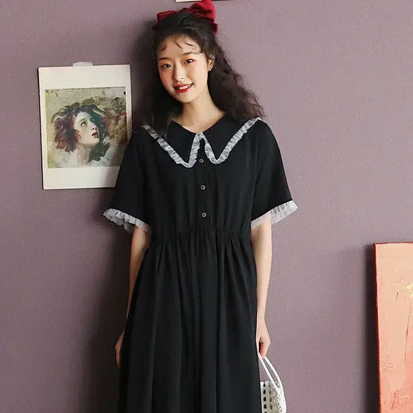 

Summer New Sailor Collar Short-Sleeve Dress Korean-Style Loose A- line Dress Woman Dress Vestido De Mujer Femme Robe