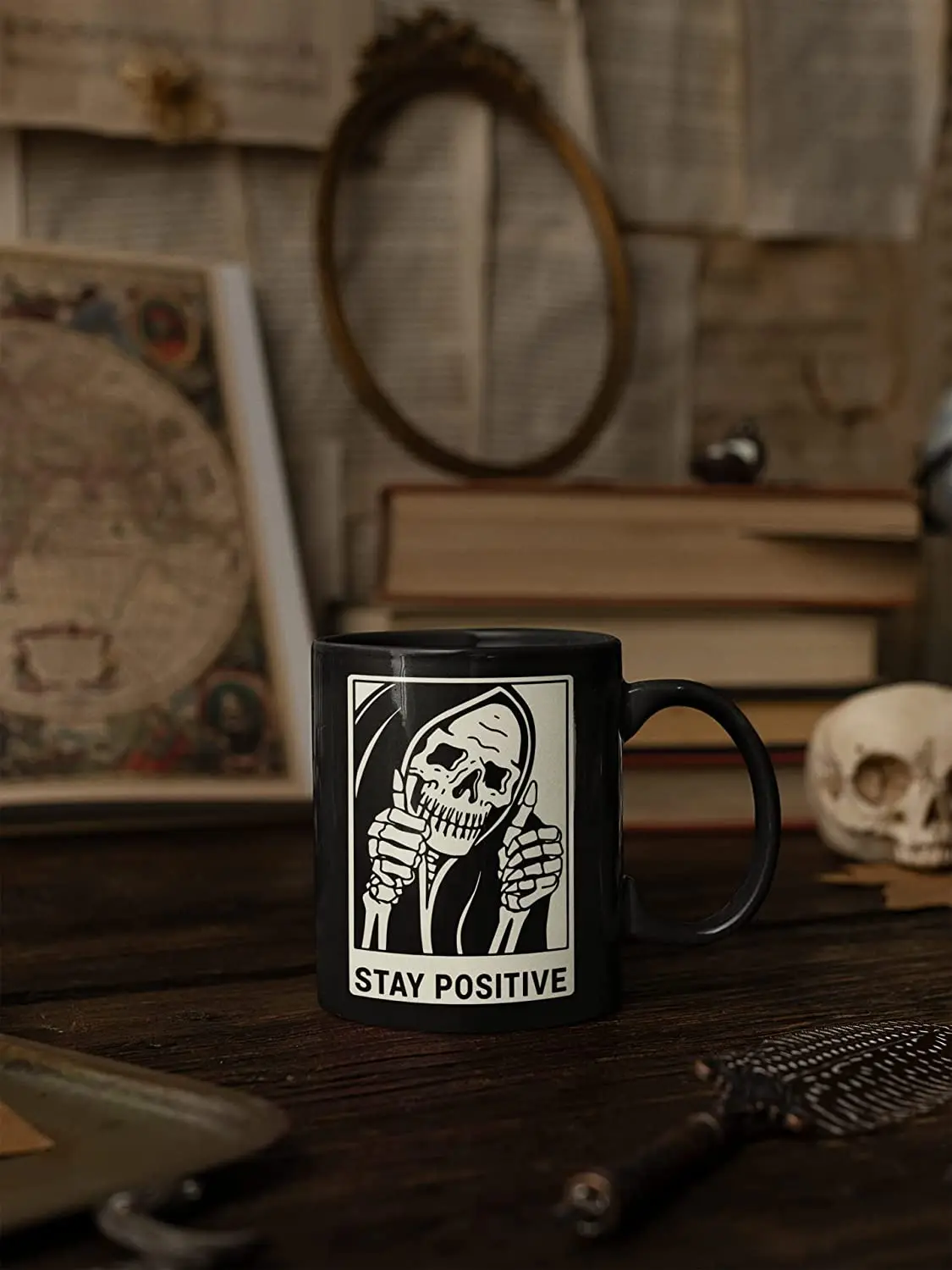 Gothic Funny Skeleton Stay Positive Mug 11oz Gothic Halloween Kitchen Decor Skull Coffee Cup Skull Mug Witchy Satanic Gifts