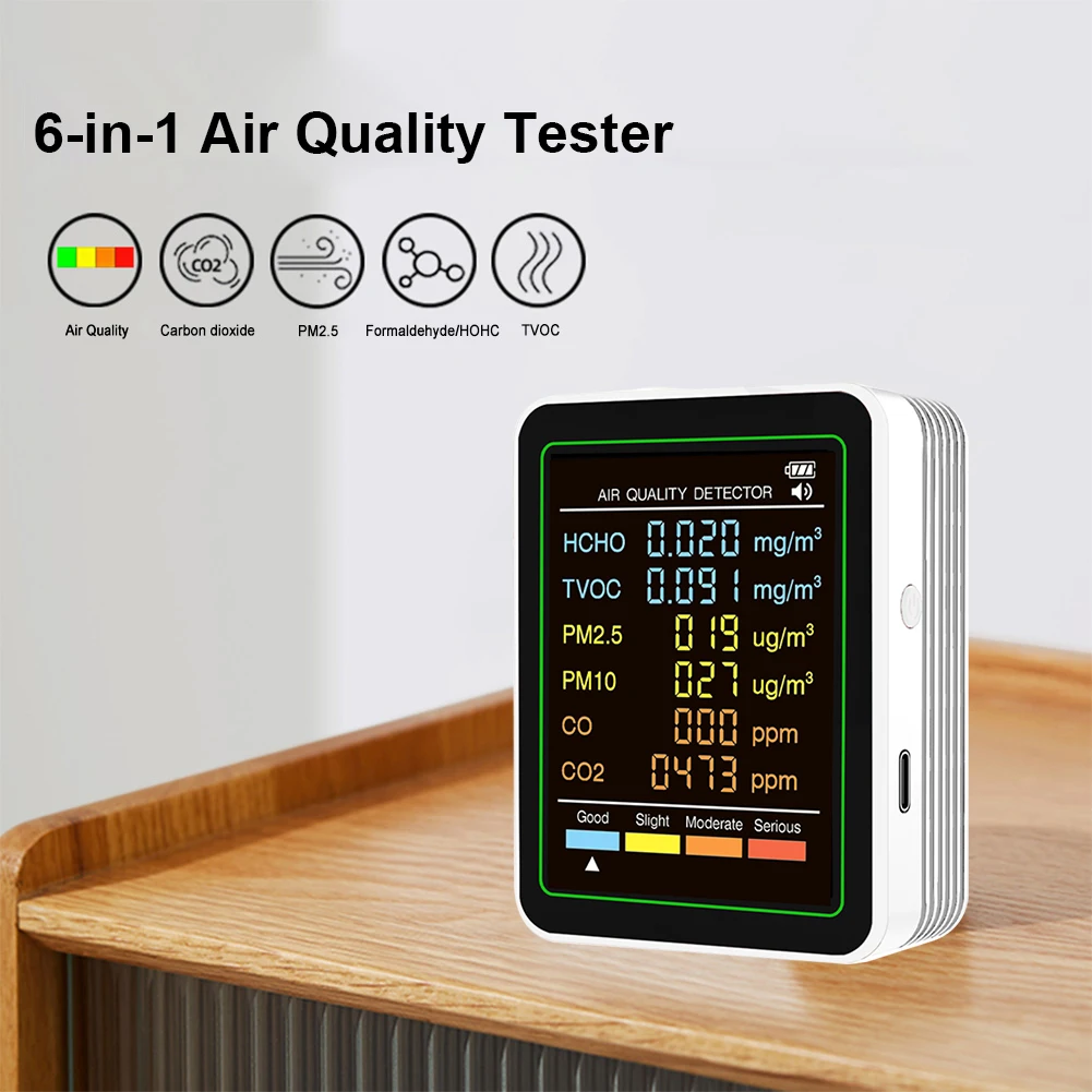 6-in-1 Air Quality Monitor Real-Time HCHO Detector Portable Temperature Humidity Detector for Home Office School