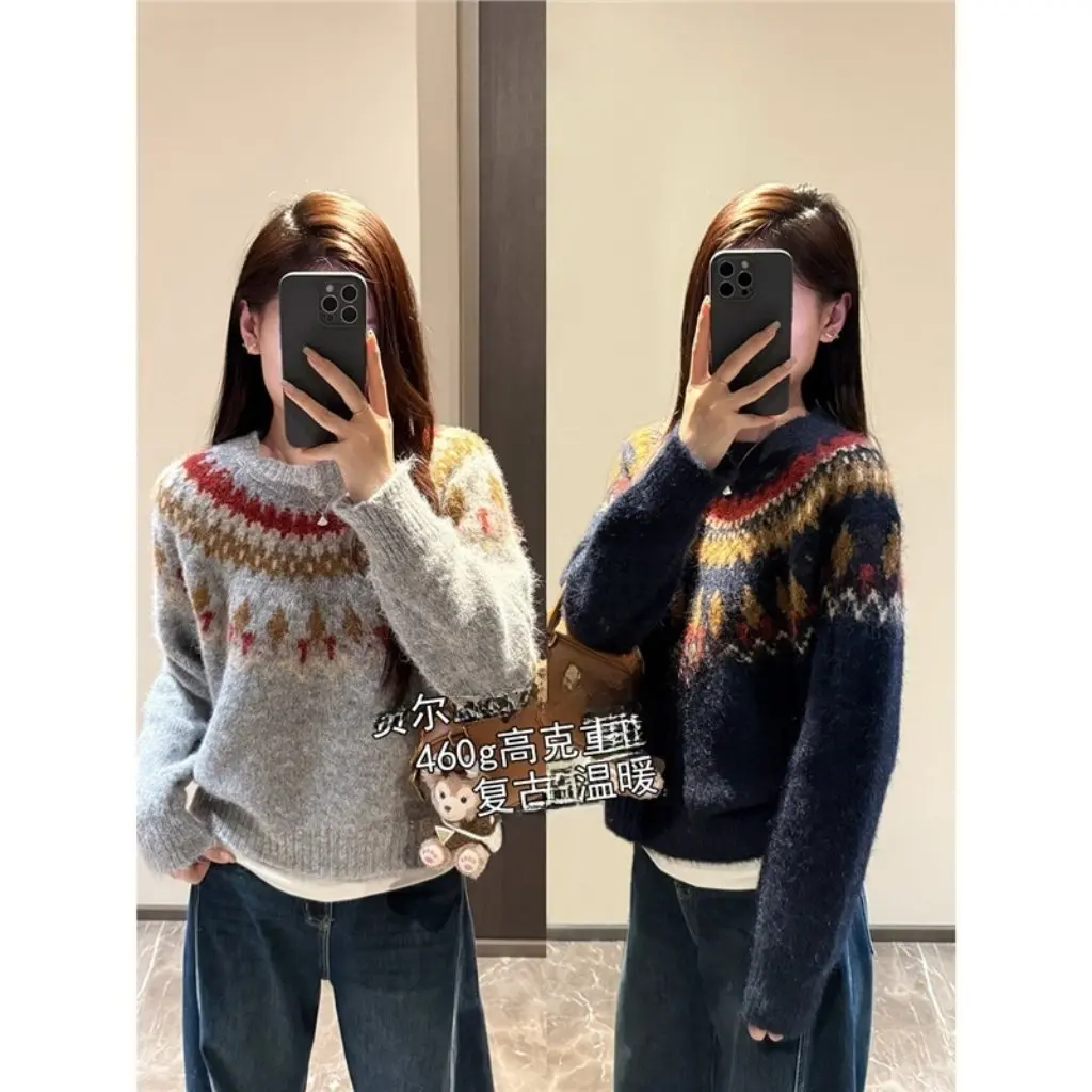 AMR UU Noord-Europese eilandstijl jacquard retro wollen gebreide losse trui damestop casual comfortabel shirt