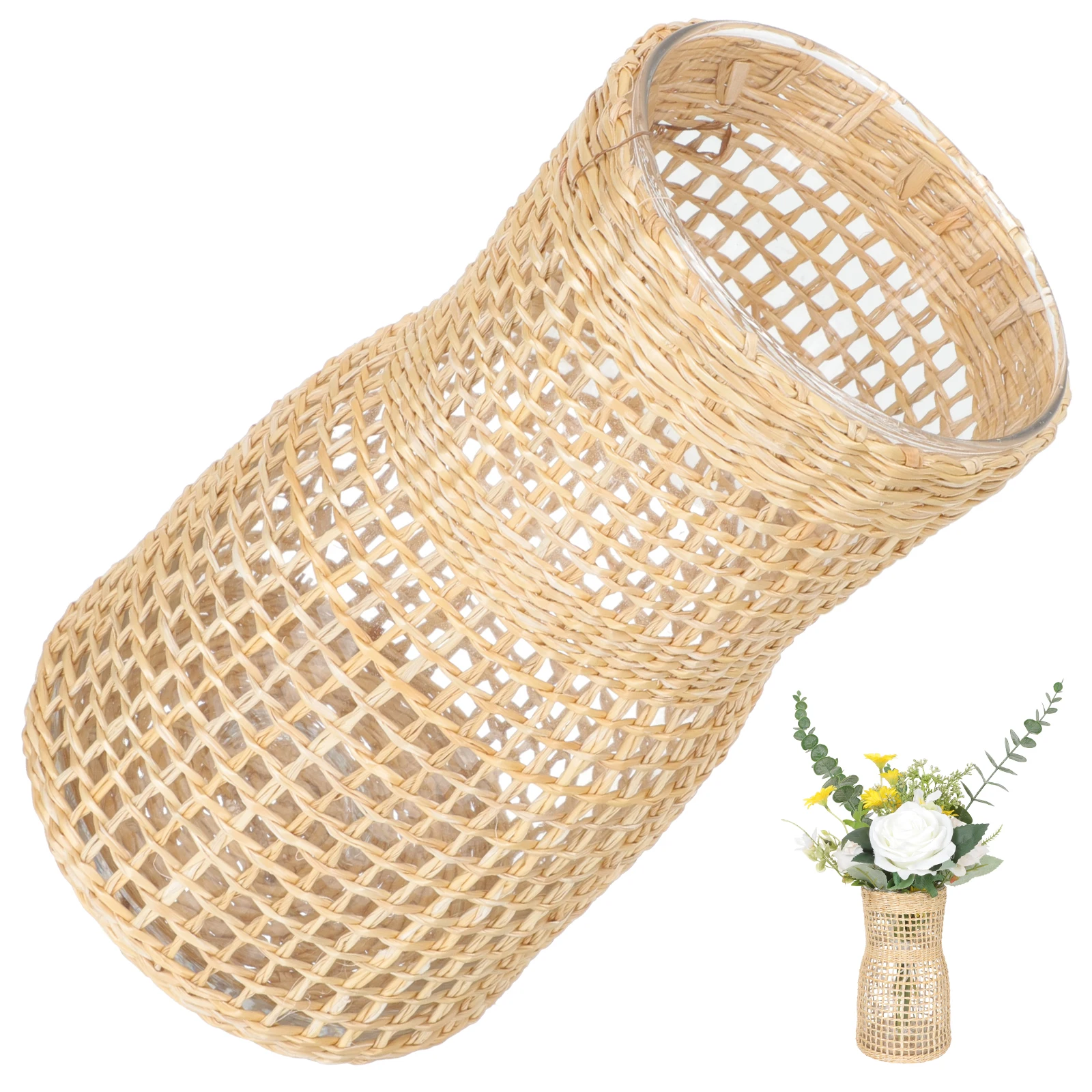 

Rattan Glass Vase Decorative Bottle for Home Office Flower Arrangement Plant Container Sturdy Material Simple Design Hydroponic