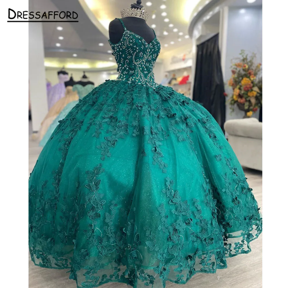 Green Quinceanera Dresses Corset Ball Gown Beaded 3D Flowers Formal Prom Graduation Gowns Lace Up Princess Sweet 15 16