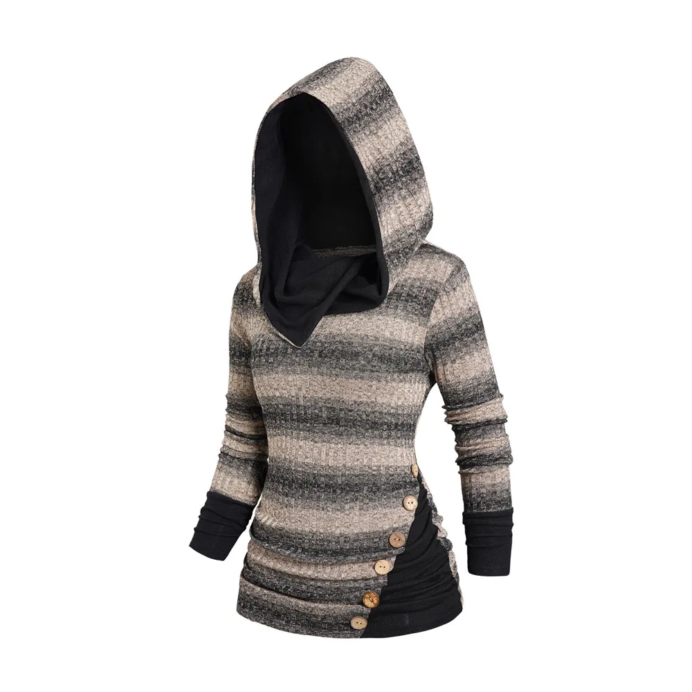 Women Long Sleeve Stripe Print Knit Hooded Sweater Tops Casual Side Ruched Mock Button Knitted Hoodie For Fall 2023 New