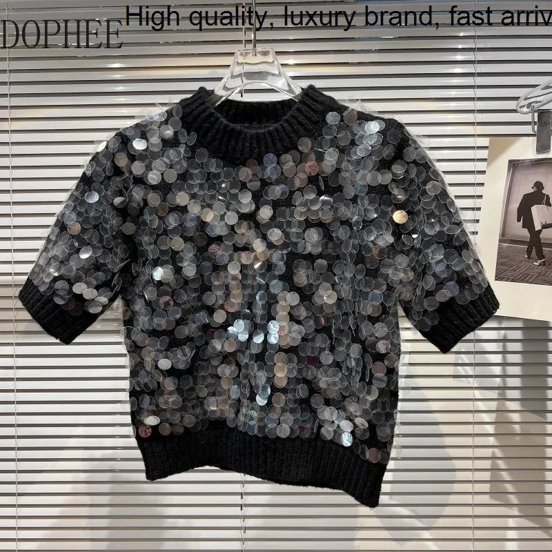 Autumn 2023 New Fashion Women Pullovers Top Full Big Sequins Sparkling Crop Sweaters Short Sleeve Knitted Shirts All-match