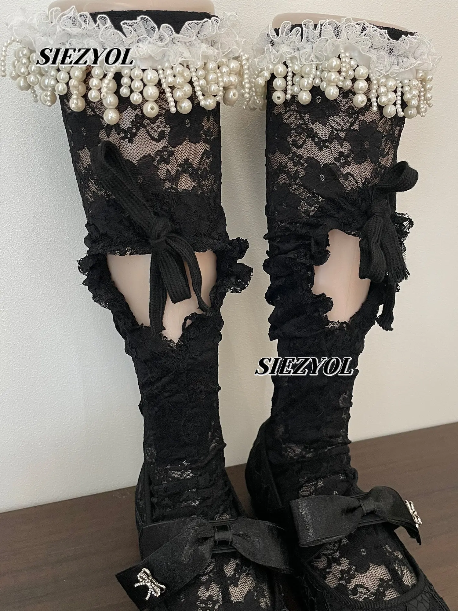 Lolita White Pile Calf Socks Women's Spring and Summer Thin Stocking Sweet Pearl Lace Love Drawstring Medium Tube Lace Socks