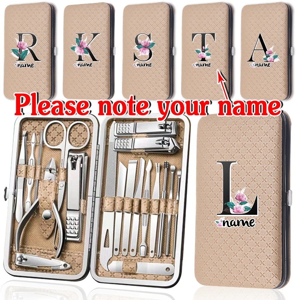 

Customized Name 19Pcs Manicure Set Professiona Stainless Steel Pedicure Tool Nail Clipper Kit Portable Organizer Nail Cutter Box