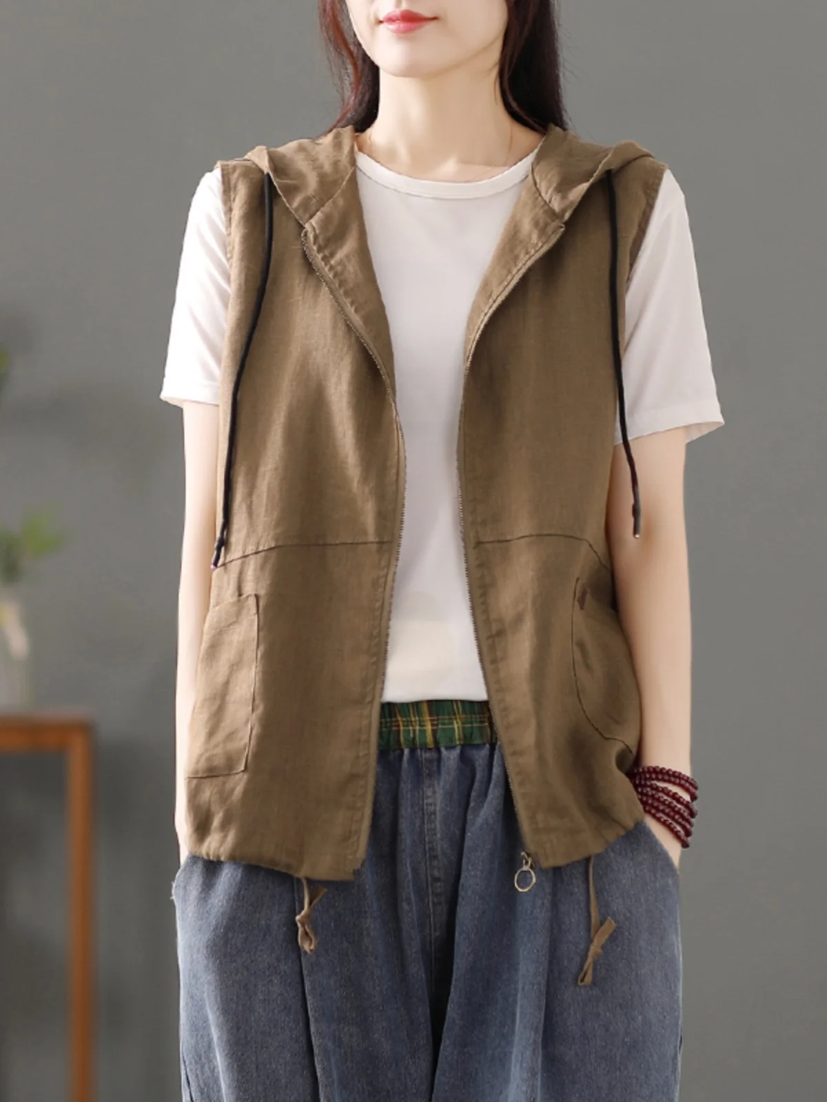 

Тонкая хлопково-льняная женская куртка со шляпой Brandl для поездок на работу, прямая трубка с застежкой-молнией чистого цвета