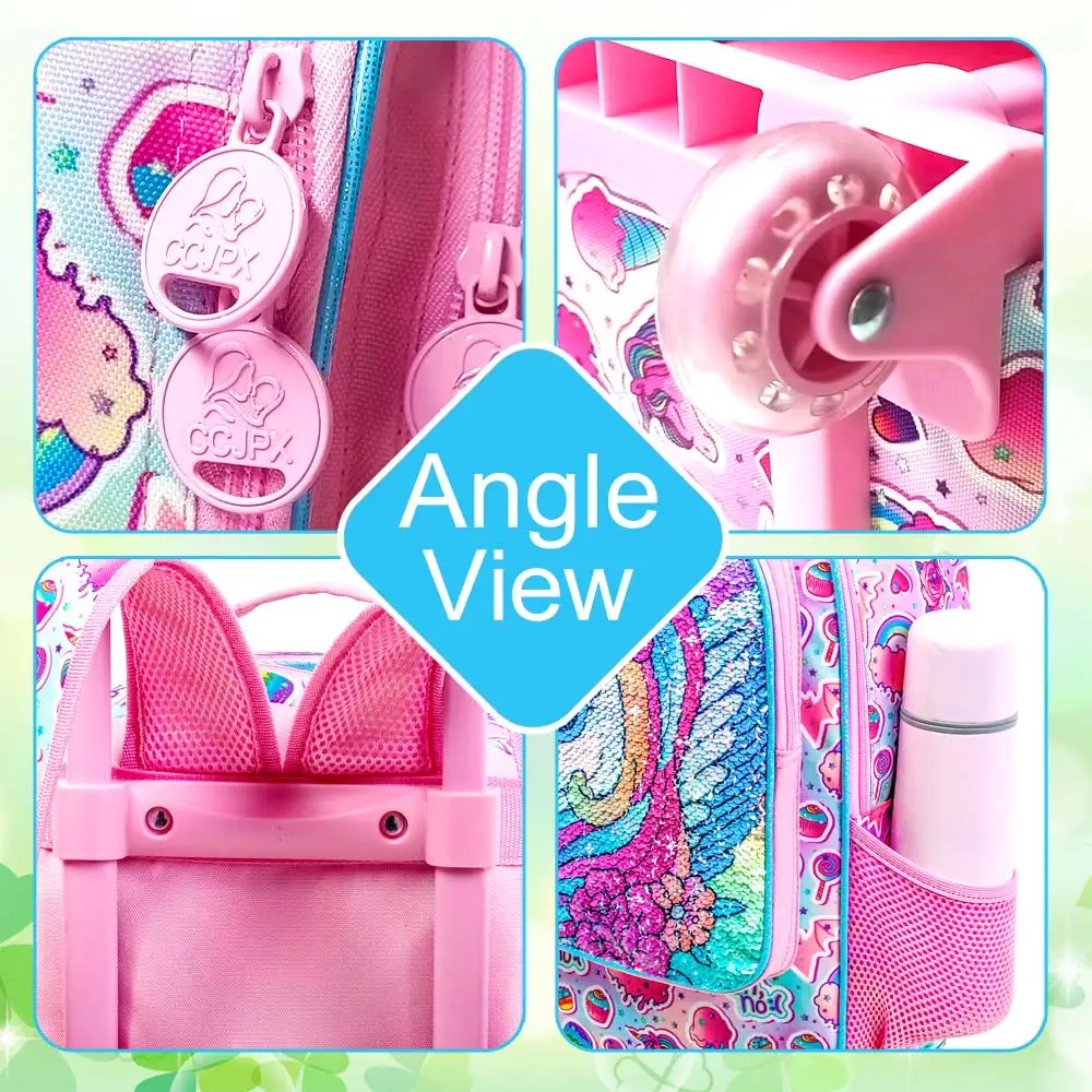 여아용 유니콘 롤링 백팩 3개, 바퀴가 달린 어린이 학교 배낭, 초등학교용 점심 도시락통이 포함된 롤러 책가방