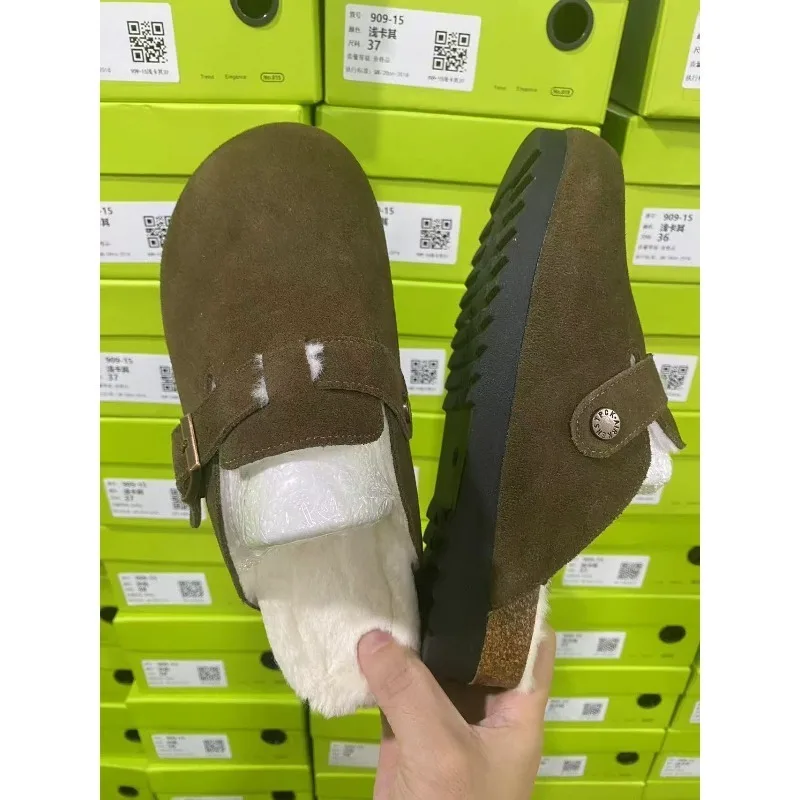 Comwarm الكلاسيكية الشتاء البغال للنساء الرجال جديد الشتاء الفراء الجلد المدبوغ قباقيب الفلين القدمين دافئ غامض النعال مع مشبك قابل للتعديل