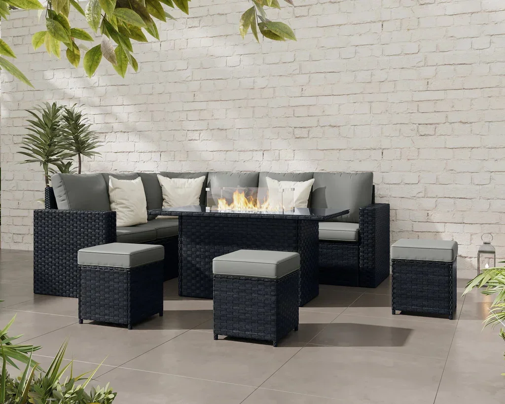 Custom Rattan Garden Furniture 9 Seater Corner Sofa Set Rattan Sofas with Fire Pit Dining Table